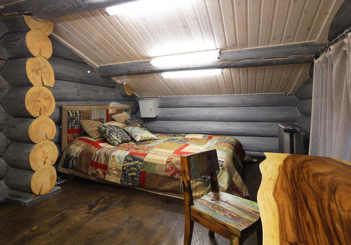 soveværelse design i det indre af et bjælkehus