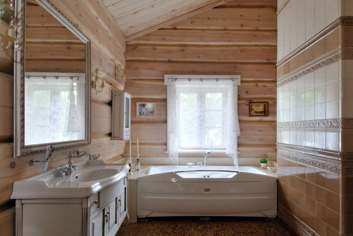 thiết kế phòng tắm trong nội thất của một ngôi nhà gỗ
