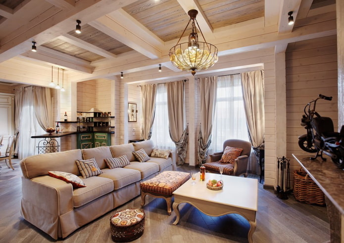 thiết kế phòng khách trong nội thất của một ngôi nhà gỗ