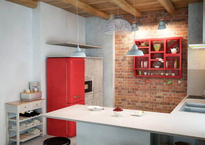 bucătărie în stil mansardă albă și roșie
