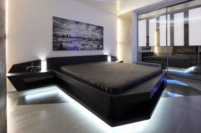 perabot di bahagian dalam bilik tidur dengan gaya berteknologi tinggi