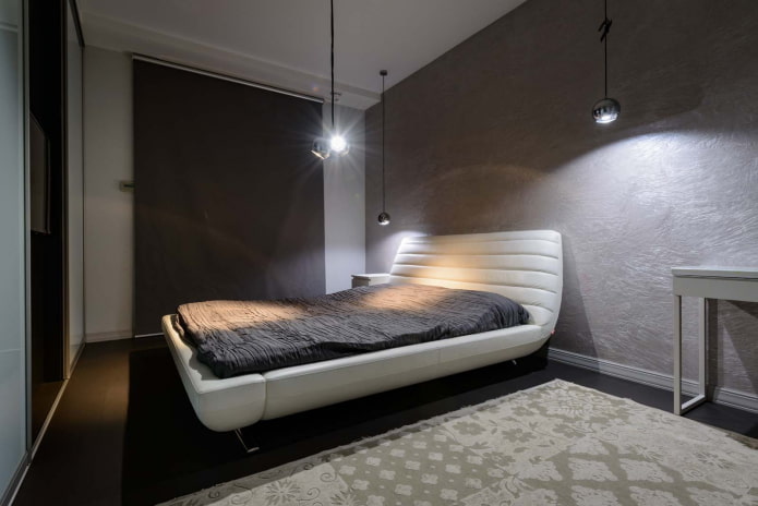 apgaismojums guļamistabas interjerā augsto tehnoloģiju stilā