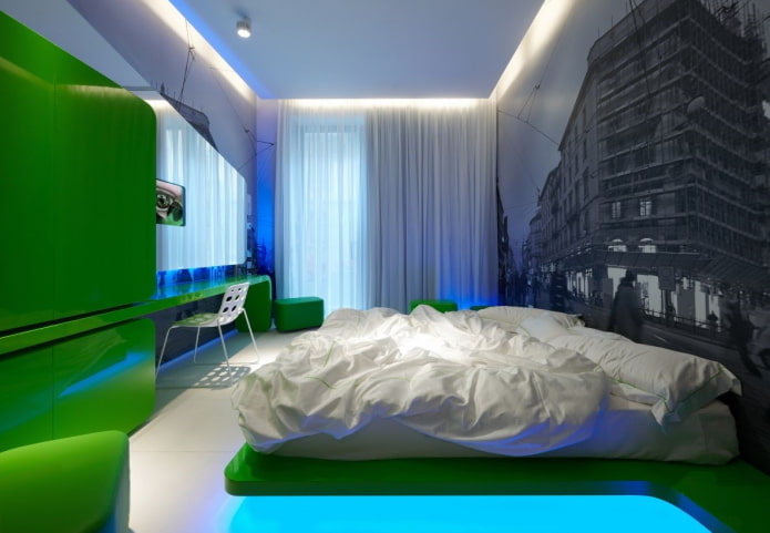 mēbeles guļamistabas interjerā augsto tehnoloģiju stilā