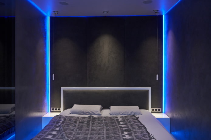 apgaismojums guļamistabas interjerā augsto tehnoloģiju stilā