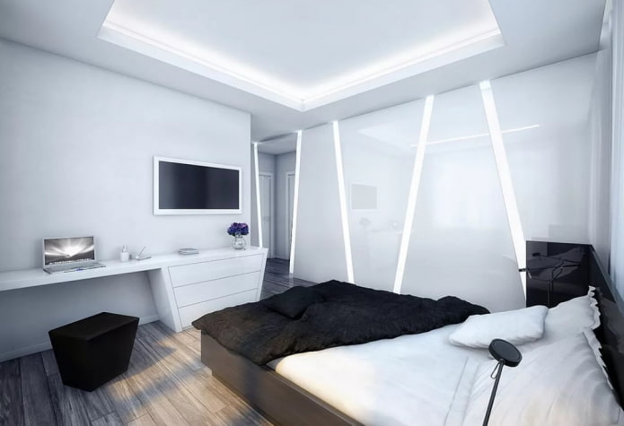 iluminare în interiorul dormitorului în stil high-tech