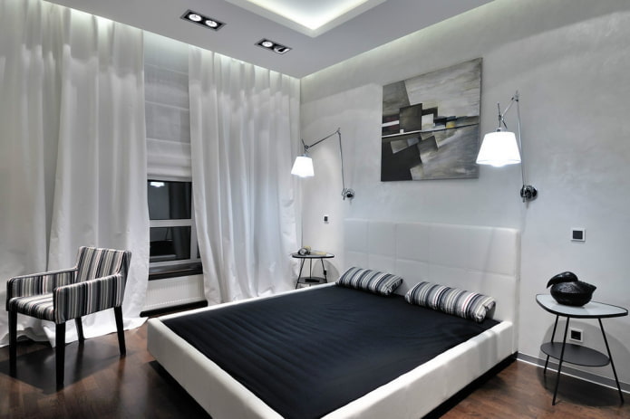 siyah beyaz yatak odası dekorasyonu ve aydınlatma