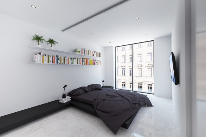 interiér ložnice v černé a bílé ve stylu minimalismu