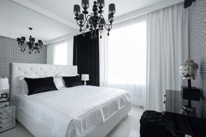 textilie v interiéru ložnice v černé a bílé barvě