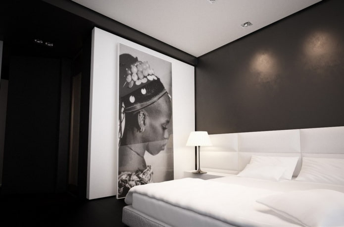 arredamento e illuminazione della camera da letto in bianco e nero
