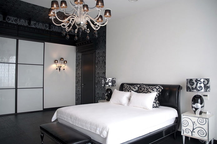 interiér ložnice v černé a bílé ve stylu art deco