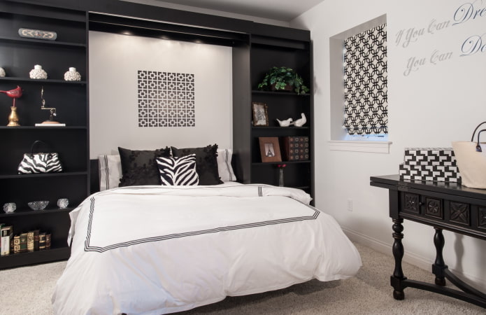 møbler i soveværelse interiør i sort og hvid