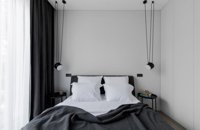 hiasan bilik tidur dan pencahayaan dalam warna hitam dan putih