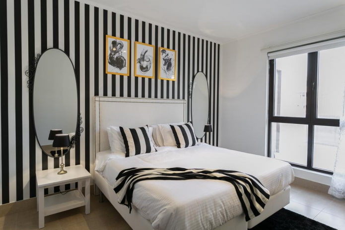 hiasan bilik tidur dan pencahayaan dalam warna hitam dan putih