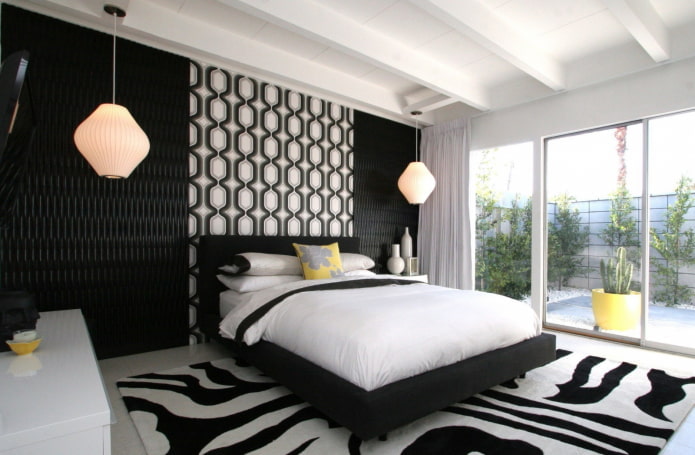 siyah beyaz yatak odası dekorasyonu ve aydınlatma