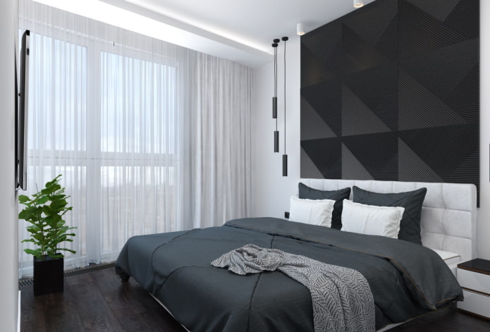 guļamistabas interjers melnā un baltā krāsā mūsdienu stilā