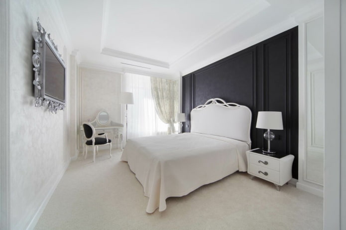guļamistabas interjers melnā un baltā krāsā klasiskā stilā