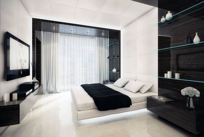augsto tehnoloģiju stila guļamistabas interjers melnā un baltā krāsā