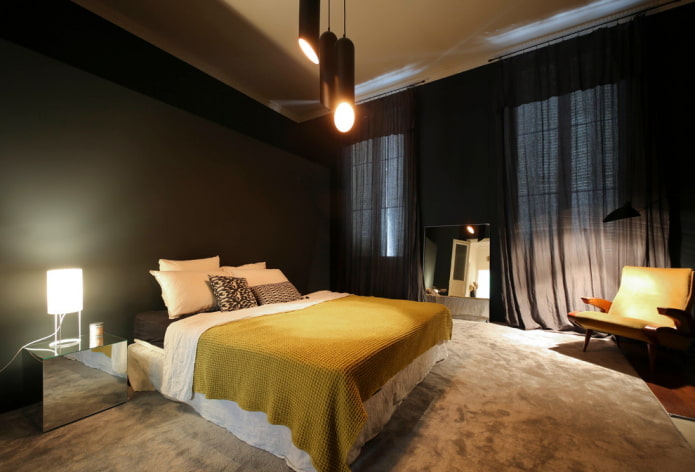 tekstiilit makuuhuoneen sisätiloissa mustilla väreillä
