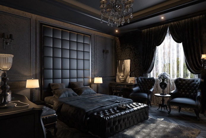 huonekalut makuuhuoneen sisätiloissa mustilla sävyillä