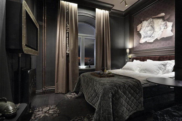 siyah renklerde yatak odasının iç kısmındaki tekstiller