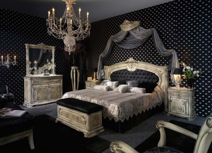 makuuhuone mustilla sävyillä barokkityyliin