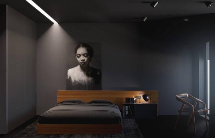 dormitor în tonuri negre în stilul minimalismului