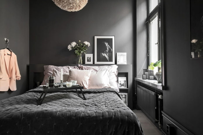 декор и осветление в спалнята в черни тонове