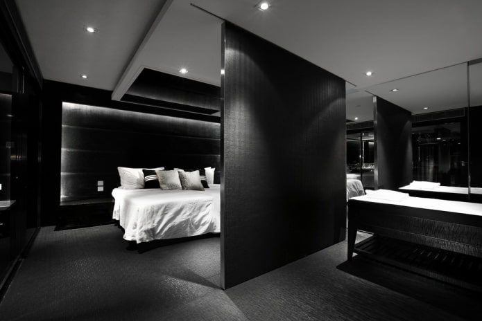غرفة نوم التصميم الداخلي بألوان سوداء