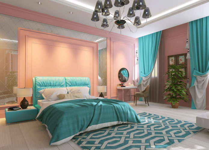 soveværelse interiør i lyserøde og turkise farver