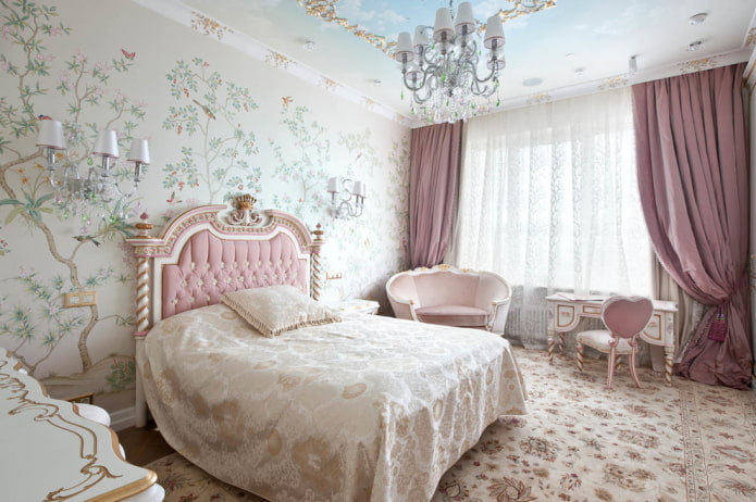 rozā guļamistaba klasiskā stilā