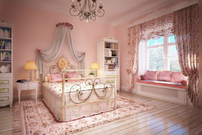 vaaleanpunainen makuuhuone provence-tyyliin