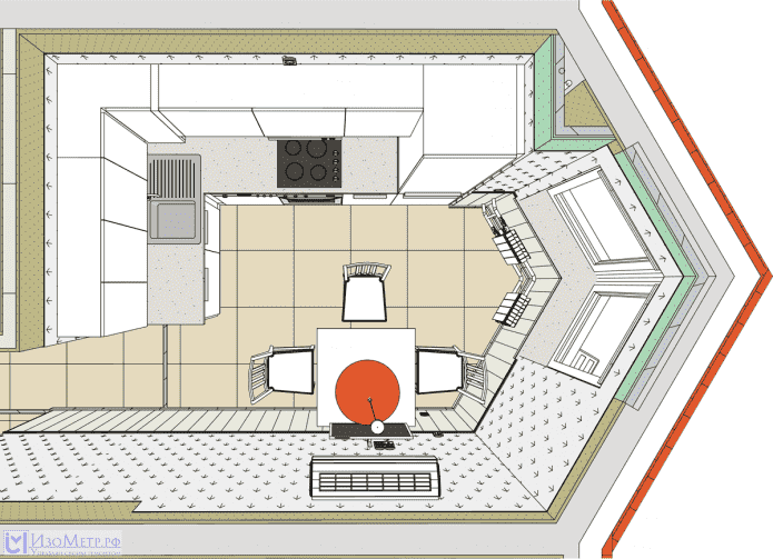 layout della cucina con bovindo triangolare
