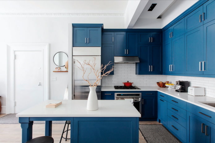 virtuvės interjeras mėlynos ir baltos spalvos