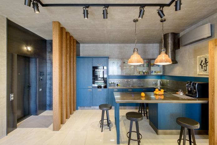 cucina in stile loft blu