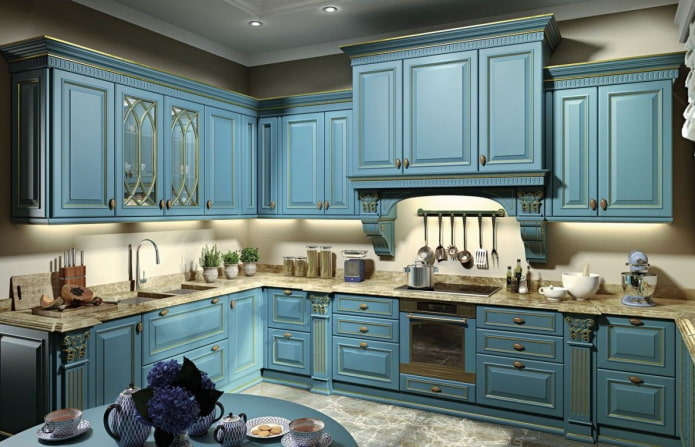 مطبخ بألوان زرقاء بأسلوب كلاسيكي
