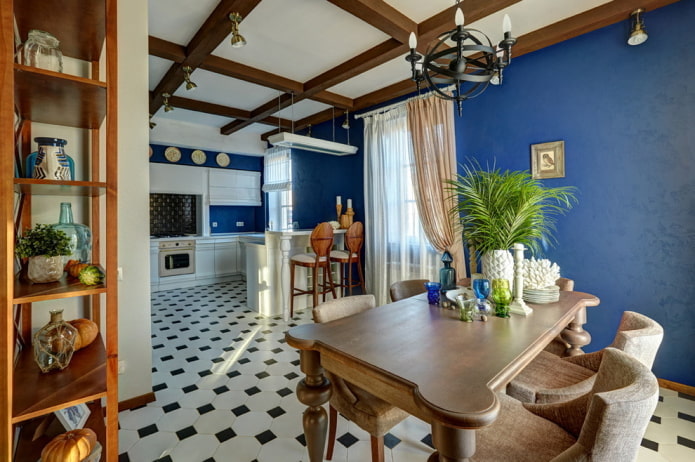 indretning og belysning i det indre af køkkenet i blå nuancer