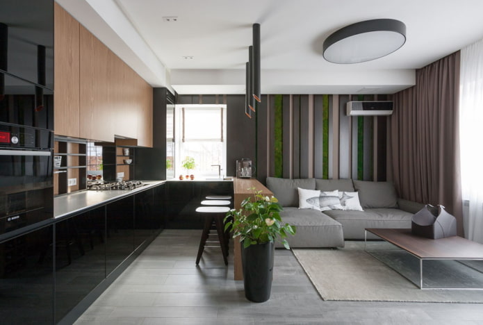 modernus virtuvės-svetainės interjeras