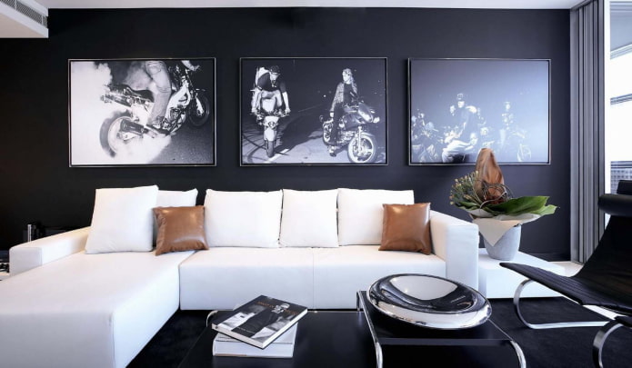 perabot dan tekstil di ruang tamu dengan warna hitam dan putih