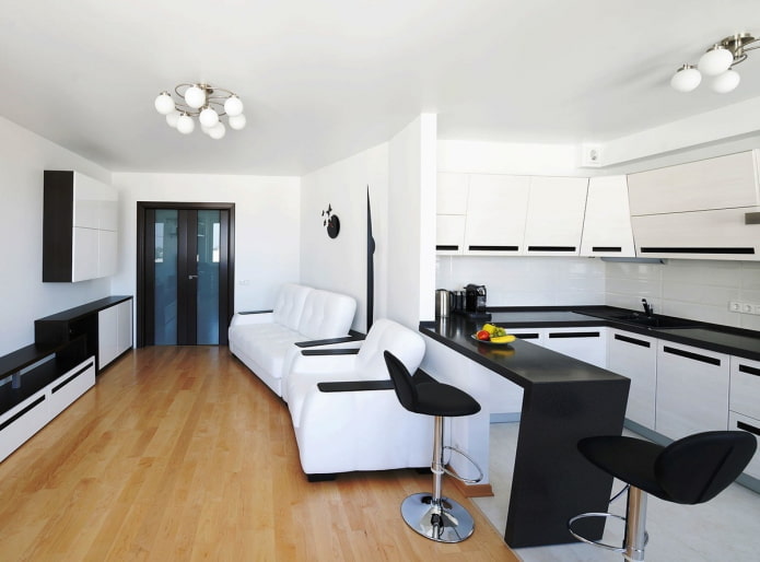 dekorácia obývacej izby v čiernej a bielej farbe