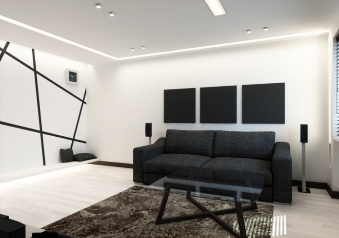 čierno-biele zariadenie a textil v obývacej izbe