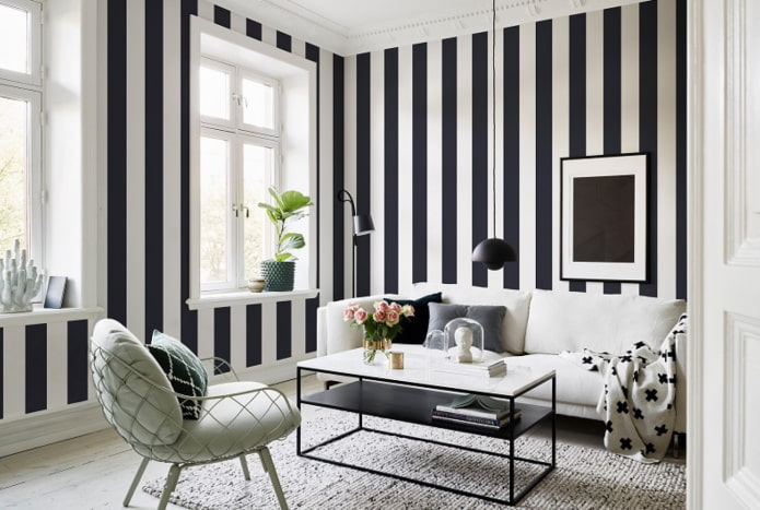 hiasan ruang tamu dalam warna hitam dan putih