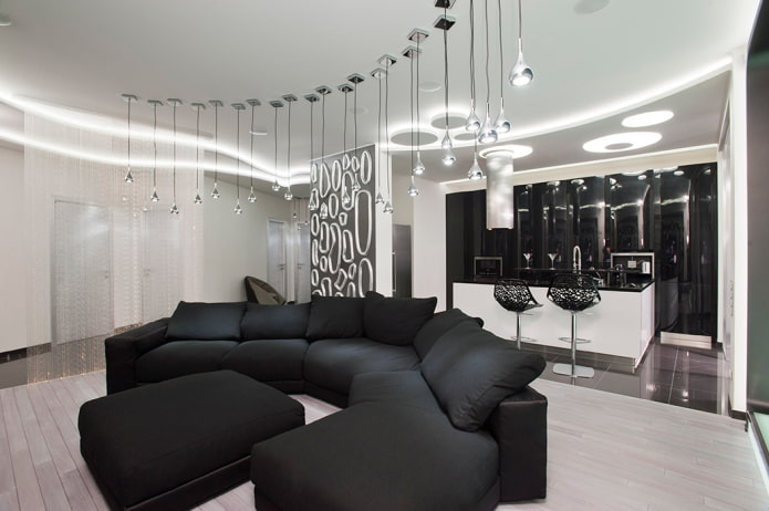 תאורה ועיצוב בסלון בשחור לבן