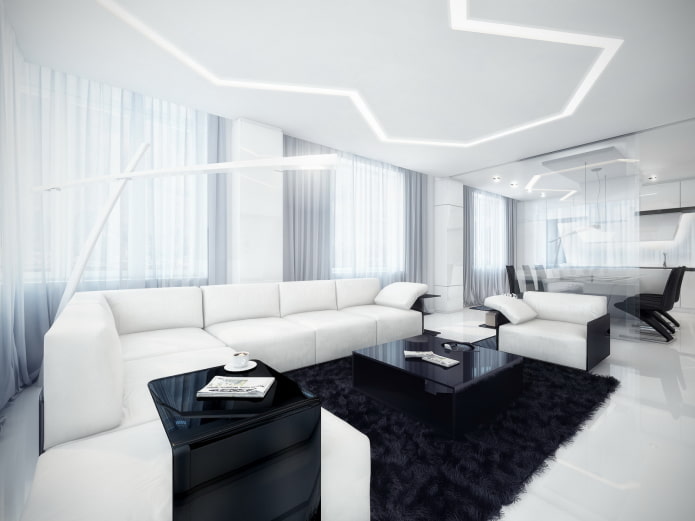 ruang tamu dalam warna hitam dan putih dalam gaya berteknologi tinggi