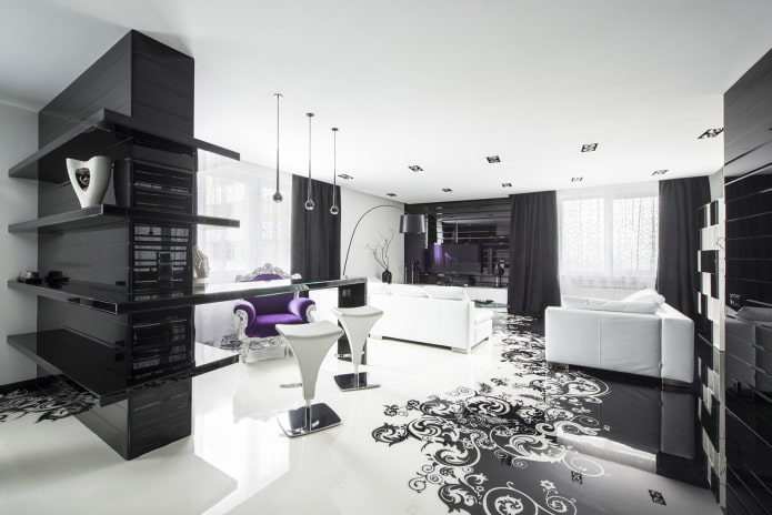 ruang tamu dalam warna hitam dan putih dalam gaya art deco