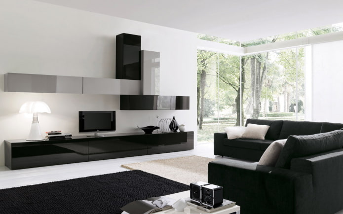 nábytek a textil v obývacím pokoji v černé a bílé barvě