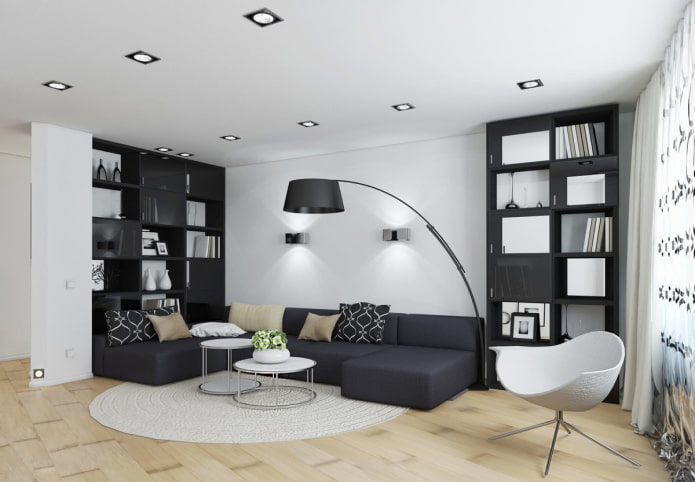 muebles y textiles en la sala de estar en blanco y negro