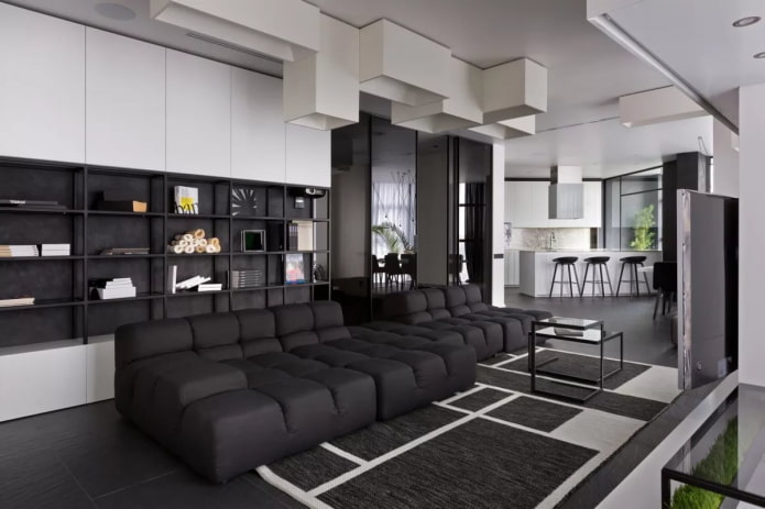 interiér obývacej izby v čiernej a bielej farbe
