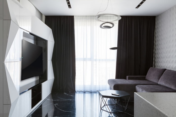 perabot dan tekstil di ruang tamu dalam warna hitam dan putih
