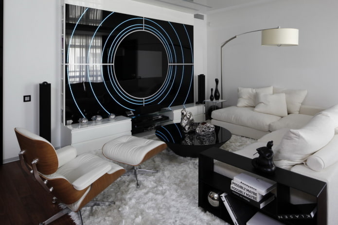 verlichting en decor in de woonkamer in zwart-wit