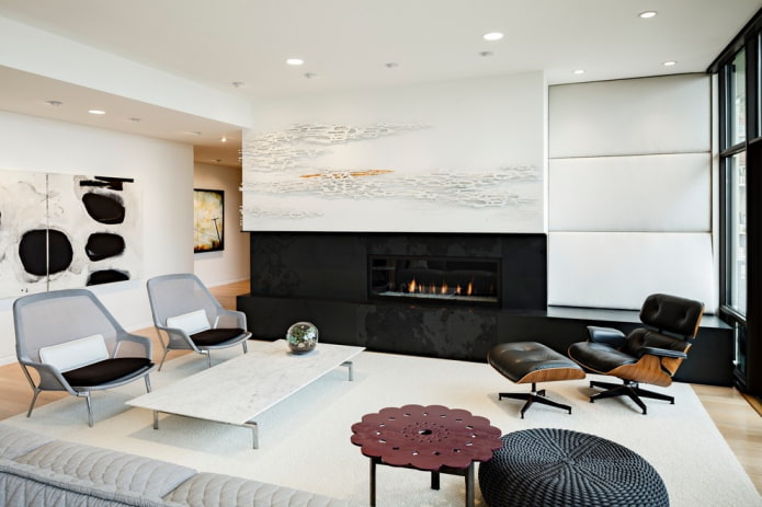 interior design del soggiorno in bianco e nero